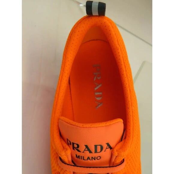 PRADA 4E3499 NEON ORANGE SPORT MESH BLACK LOGO LACE LOW TOP SNEAKERS 9 / US 10 - Picture 2 of 11